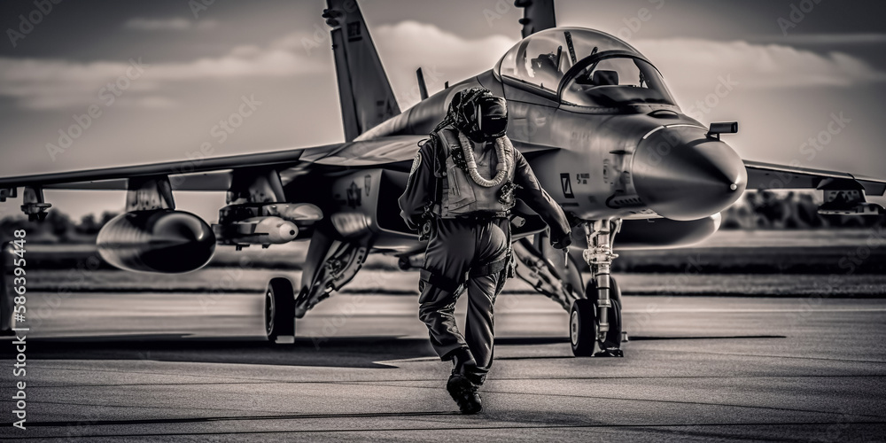 Fototapeta premium A fighter pilot in a helmet and goggles walks along the runway towards the fighter. digital art