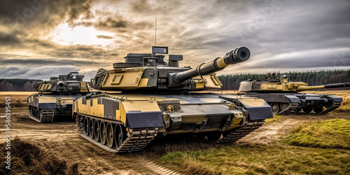 Army or military tanks ready to attack in a battle moving over a deserted battlefield terrain. digital art	 photo