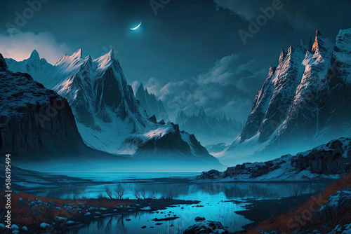mountains with snowy peaks at night a clear lake in the foreground created with Generative AI technology