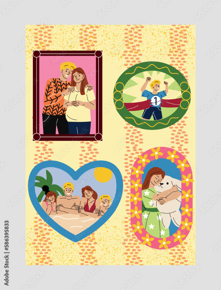 People in photos. Family pictures in frames. Memorable moments with pregnancy, family portrait and young children. Loving couple of parents, daughter and son. Cartoon flat vector illustration