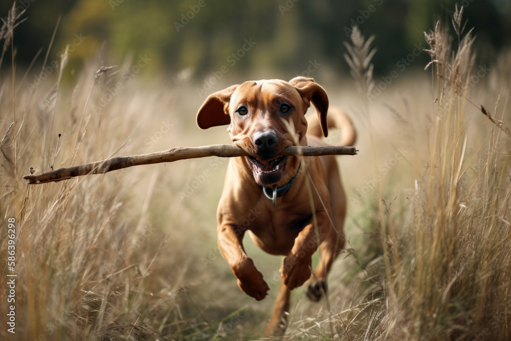 illustration of a cute dog playing with a twig in the garden