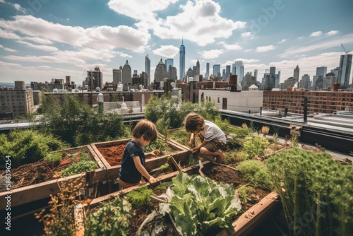 Greening the City. Kids' Commitment to Earth Day on Rooftop Garden over New York City, created with generative A.I. technology.