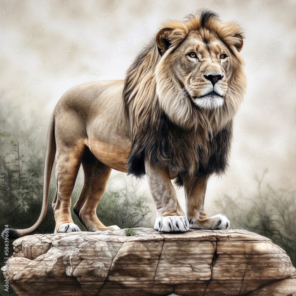 Naklejka premium Portrait of a lion on the rock illustration