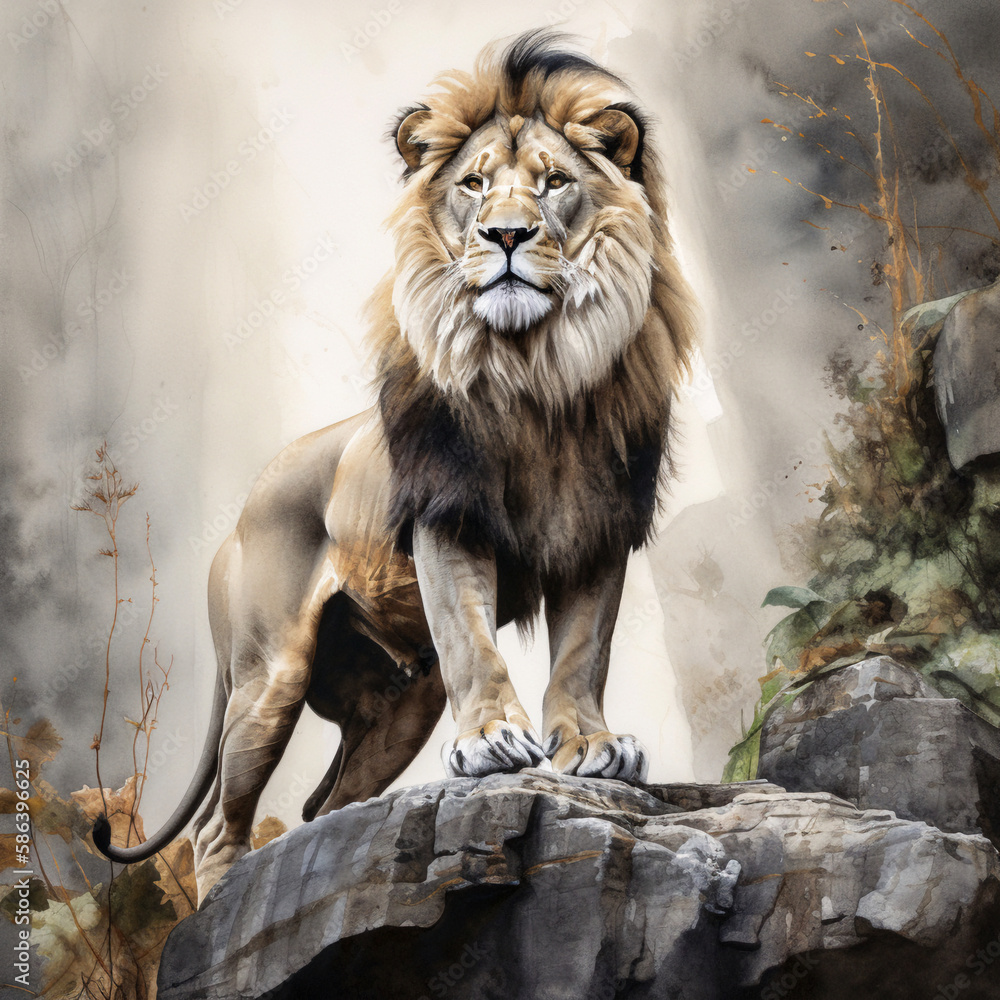 Naklejka premium Portrait of a lion on the rock illustration