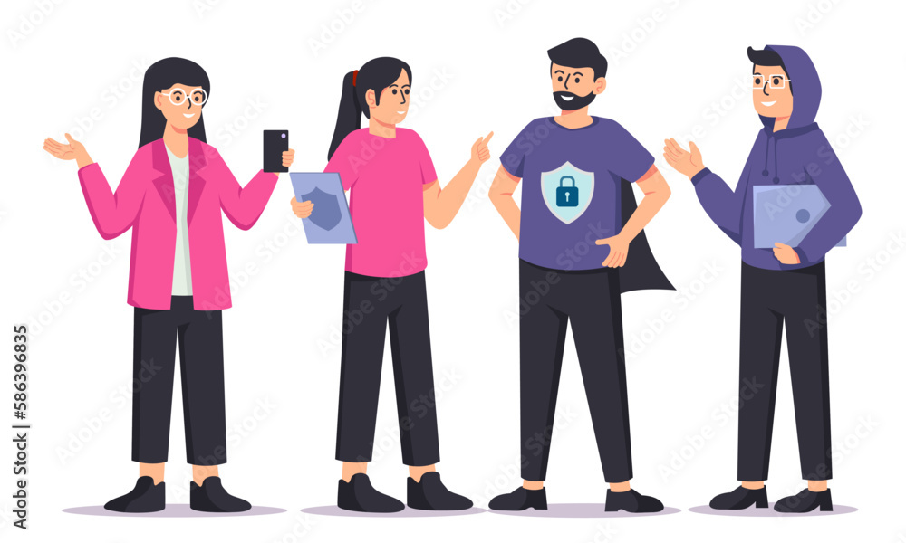 Digital data protection design vector. Cyber security cartoon character illustrations. Cloud computing network safety concept Digital data protection design vector. Cyber security cartoon character illustrations. Cloud computing network safety concept