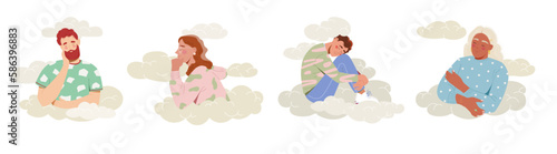 Set of people in clouds. Collection of characters in sky. Dream and imagination. Sleep and rest. Carefree characters with inspiration. Cartoon flat vector illustrations isolated on white background