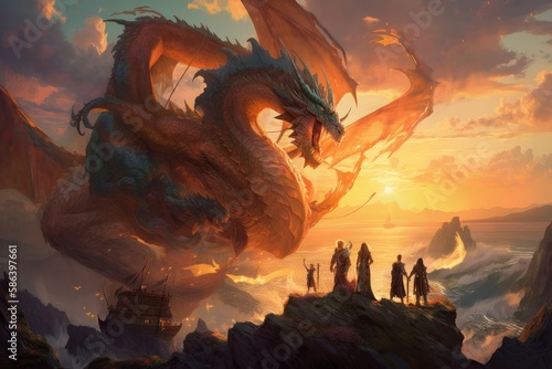 A group of wizards casting spells on a massive dragon in order to tame it