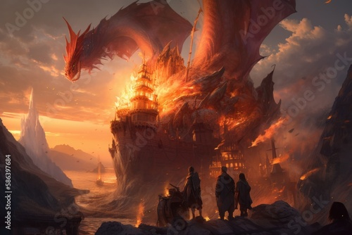 A group of wizards casting spells on a massive dragon in order to tame it