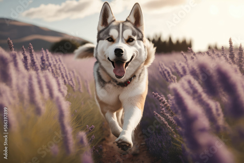 Husky running on purple lavender field. Happy dog having fun in nature. Ai generative.