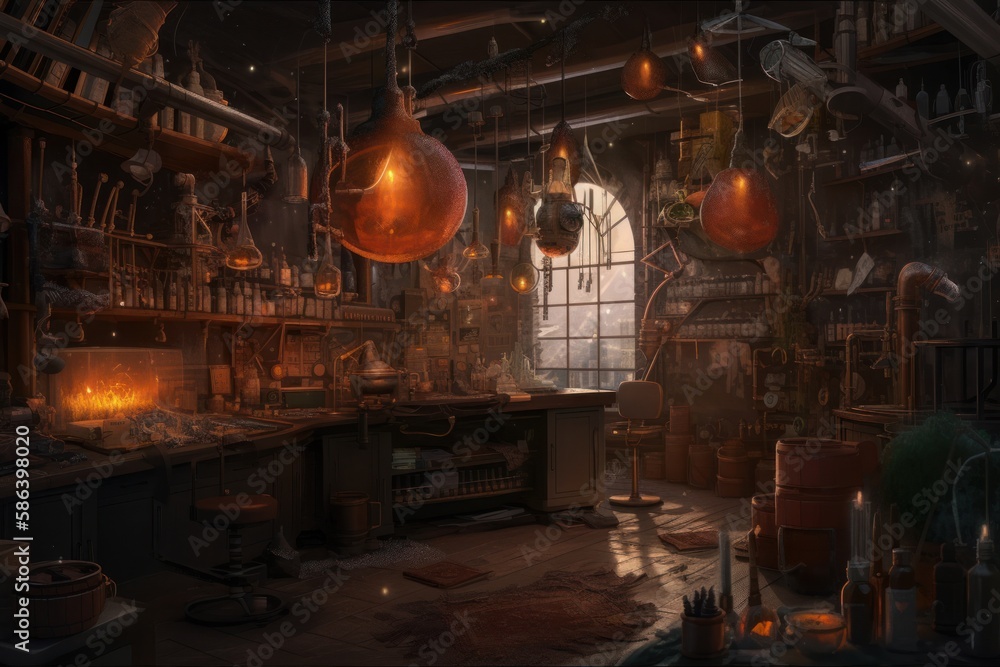 A wizarding laboratory filled with bubbling potions