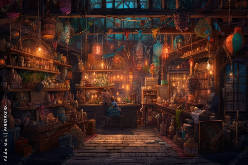 A wizarding laboratory filled with bubbling potions