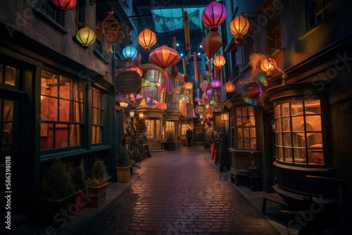A wizarding alley filled with floating lanterns