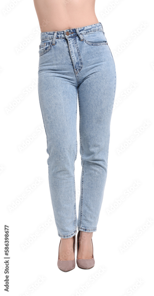 Woman in stylish jeans on white background, closeup Woman in stylish jeans on white background, closeup