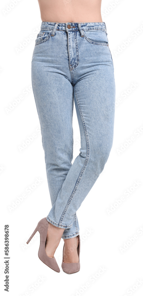 Woman in stylish jeans on white background, closeup Woman in stylish jeans on white background, closeup