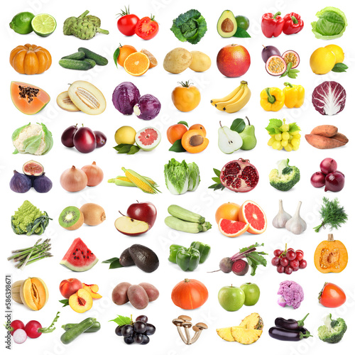 Many fresh fruits and vegetables on white background  collage design