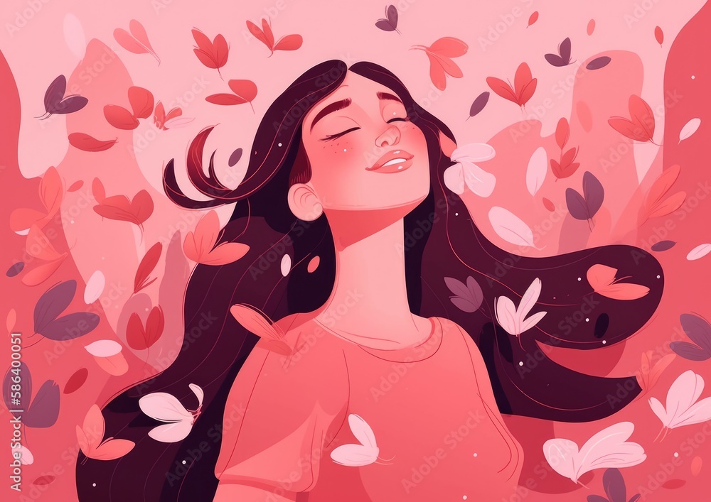 Vector style illustration. Summer Girl with long beautiful flowing hair, Flower, petals. Generative ai. Pink Background