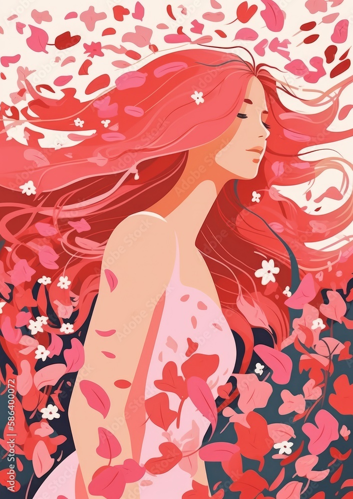 Vector style illustration. Summer Girl with long beautiful flowing hair, Flower, petals. Generative ai.
