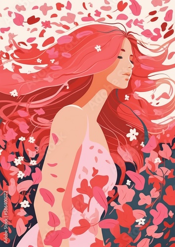 Vector style illustration. Summer Girl with long beautiful flowing hair  Flower  petals. Generative ai.