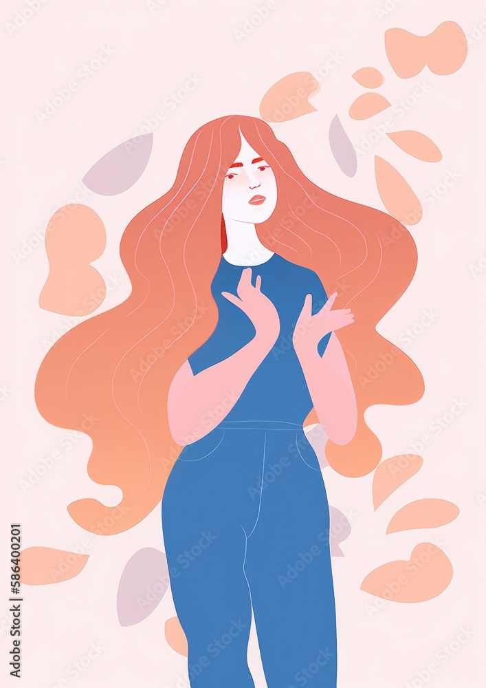 Vector style illustration. Summer Redhead Girl with long beautiful flowing hair, Flower, petals. Generative ai.