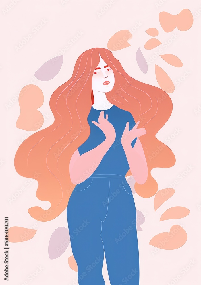 Vector style illustration. Summer Redhead Girl with long beautiful flowing hair, Flower, petals. Generative ai. Vector style illustration. Summer Redhead Girl with long beautiful flowing hair, Flower, petals. Generative ai.