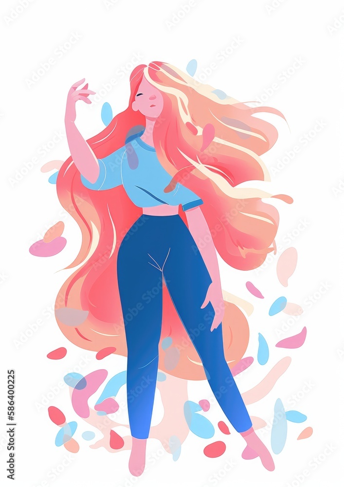 Vector style illustration. Summer Redhead Girl with long beautiful flowing hair, Flower, petals. Generative ai.