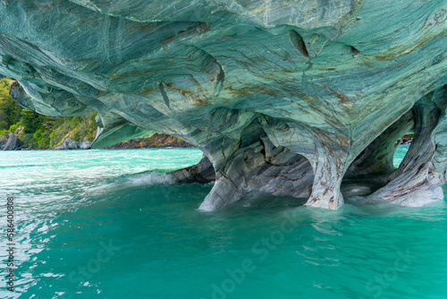 Marble Caves (Marble Cathedral), Puerto Rio Tranquilo, Aysen, Chile. The Marble Caves is a 6,000-year-old sculpture hewn by the crashing waves of Lake General Carrera of Patagonia. 