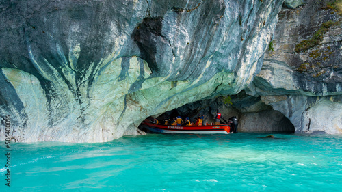 Close up of Marble Caves (Marble Cathedral), Puerto Rio Tranquilo, Aysen, Chile. The Marble Caves is a 6,000-year-old sculpture hewn by the crashing waves of Lake General Carrera of Patagonia. photo