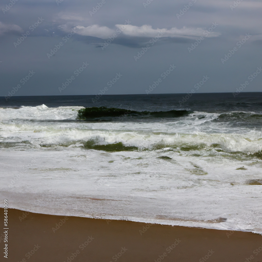 wave breaking on the beach in the day with cloudy sky