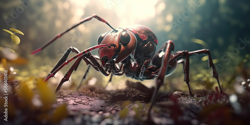 Incredible close-up of a technologically enhanced cyborg ant in nature. Generative AI