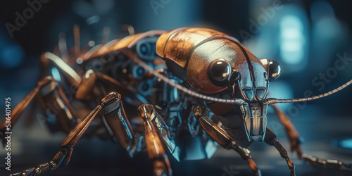 Macro photography unveils a cyborg cockroach in extraordinary detail. Generative AI