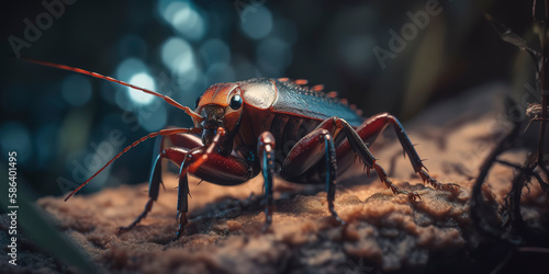 Incredible macro image of a cockroach with futuristic cyborg features. Generative AI