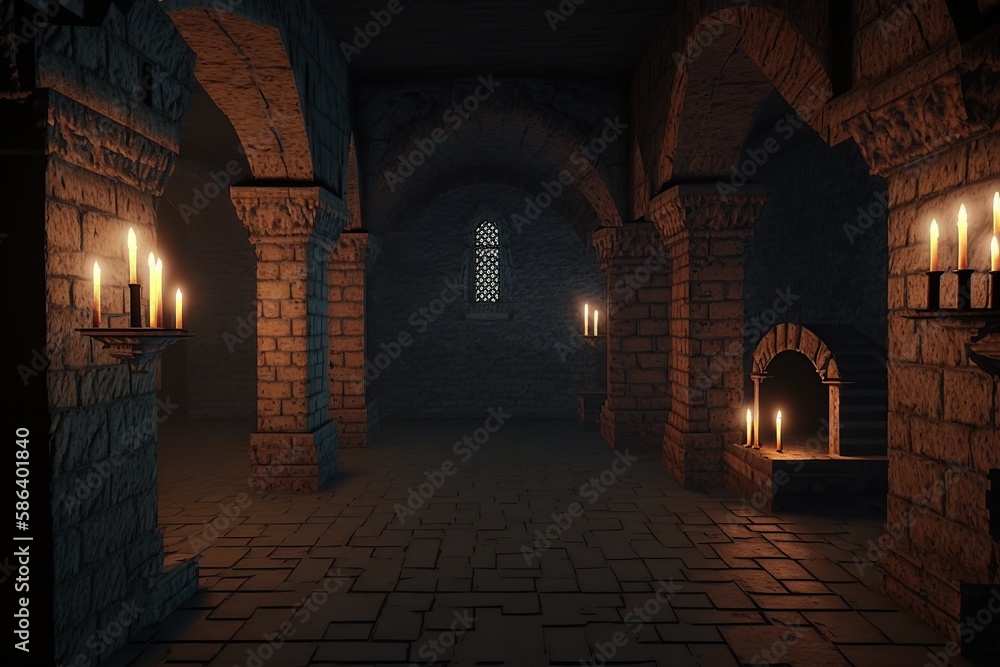 Castle dungeon interior. Ai. Stone brick walls and torches