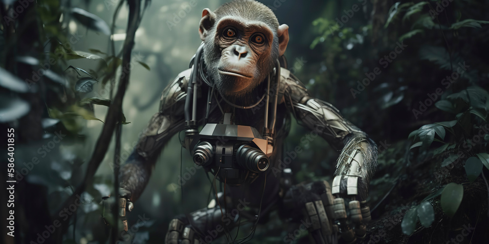High-tech primate: cyborg monkey in the heart of the jungle. Generative AI