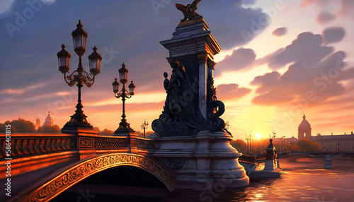 Ai Generated, ,Beautiful sunrise at the Pont Alexandre III and Les Invalides in Paris.