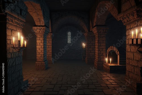 Castle dungeon interior. Ai. Stone brick walls and torches