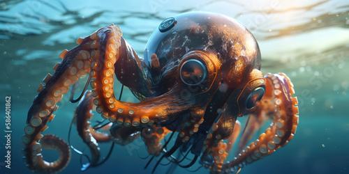 Ingenious cyborg octopus showcasing its adaptability in the ocean. Generative AI