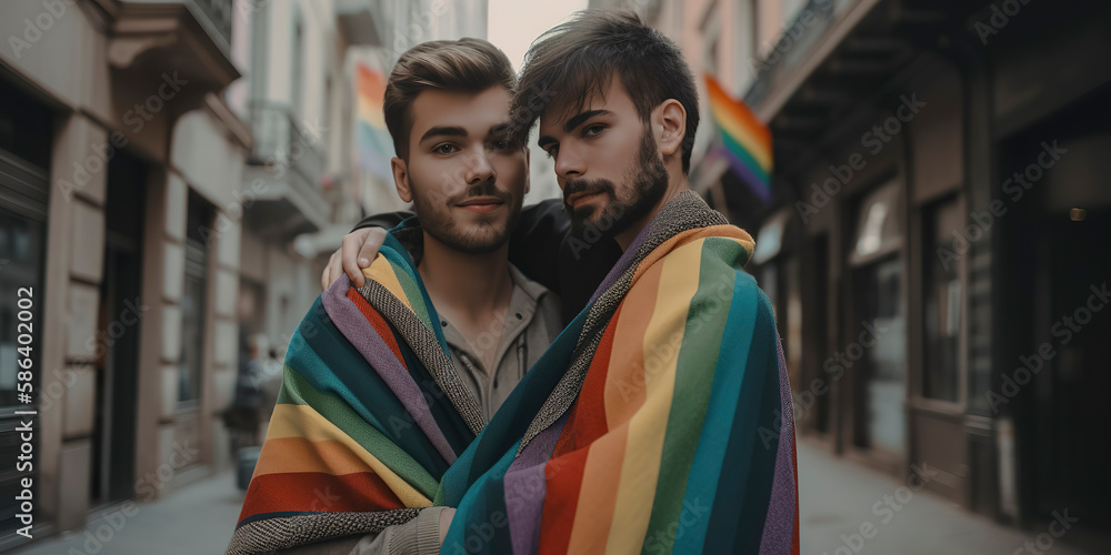 Happy gay couple embracing and sharing a loving kiss on a city street. Generative AI