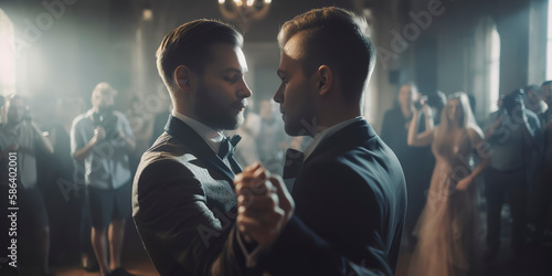 Delighted newlywed gay couple sharing a dance at their wedding celebration. Generative AI