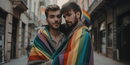 Happy gay couple embracing and sharing a loving kiss on a city street. Generative AI