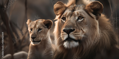 Large lion with cub in the foreground  captured from the front. Generative AI