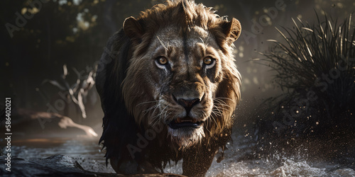 Awe-inspiring image of a lion in the sunlit savannah. Generative AI