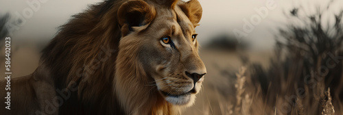 Magnificent lion strolling through the open savannah plains Generative AI © Lemart