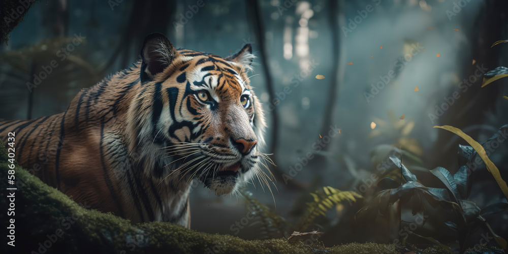 A stunning image of a tiger in its natural rainforest environment. Generative AI