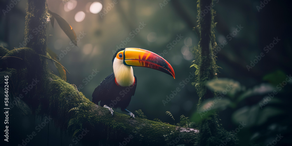 Eye-catching toucan surrounded by the vibrant colors of the jungle. Generative AI - obrazy, fototapety, plakaty 
