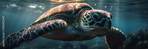 Beautiful photo of a sea turtle gliding through the ocean. Generative AI © Lemart