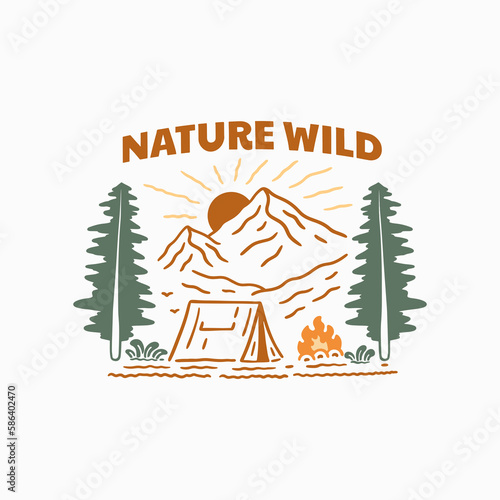 Nature wild camping on mountain design for t shirt, sticker, background and other