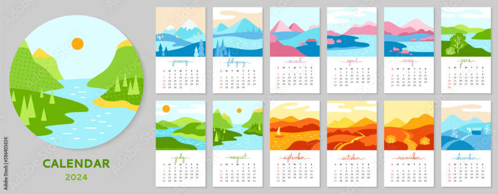 Calendar 2023 with minimalist landscape set. Abstract nature scenery four seasons spring, autumn, summer, winter template collection. Monthly trendy calendar planner page and cover vector typography