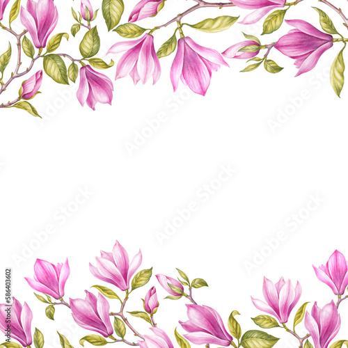 Magnolia watercolor square frame. botanical floral illustration. Seamless border © Kotkoa