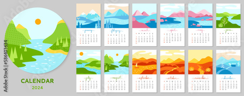 Calendar 2023 with minimalist landscape set. Abstract nature scenery four seasons spring, autumn, summer, winter template collection. Monthly trendy calendar planner page and cover vector typography