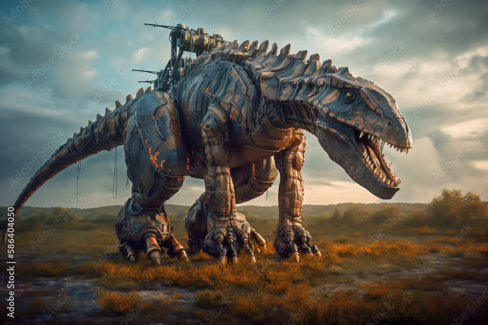 Fototapeta premium giant dinosaur tech-biology, future concept of clonning dna, horizontal layout banner with copy space, generative ai